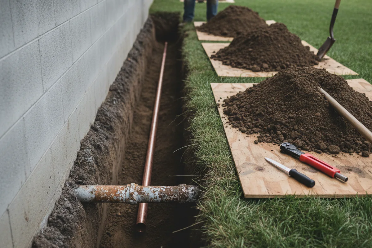 Excavated water line trench during Sewer Line Repair in Gaines